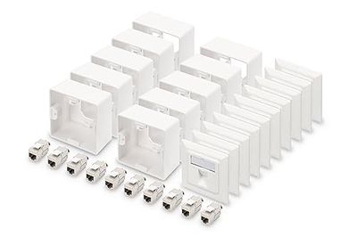 DIGITUS Set: Prise réseau 1 port - 10 pièces - Avec 10x modules Keystone Cat6A - Sortie coudée à 45° - Avec cadre pour montage en saillie - Blanc