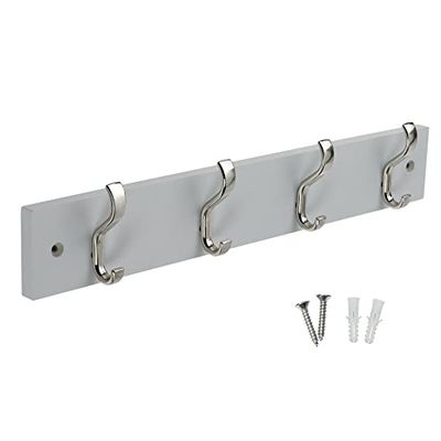 Keypak Minimalistic Wall-Mounted Coat Rack – 4 Hooks on Stylish Modern Wooden Base for Wall & Door – 38cm – All Fixings Included (Satin Nickel/Dove Grey)