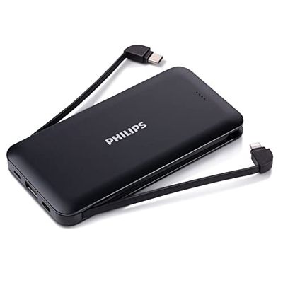 PHILIPS Powerbank, DLP8713C/03-10,000 mAh, USB-A and USB-C ports, USB-C and Lightning cable, 4 device connection, black