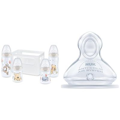NUK First Choice+ startset med nappflaskor | 0–6 månader | 4 nappflaskor med temperaturkontroll och låda | BPA-fria | Winnie the Pooh | 5 delar & NUK 10124014 Nappar, 0-6 Månader, 2 st, Genomskinlig