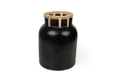 FLORERO CERAMICA NEGRO/RATTAN