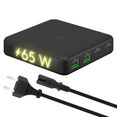 goobay 61772 Multiport 4-voudige USB-C oplader met 65 W vermogen, laadt meerdere apparaten tegelijkertijd op via de USB-C (Power Delivery) poorten/tafellader/voeding USB-C/USB-hub/zwart
