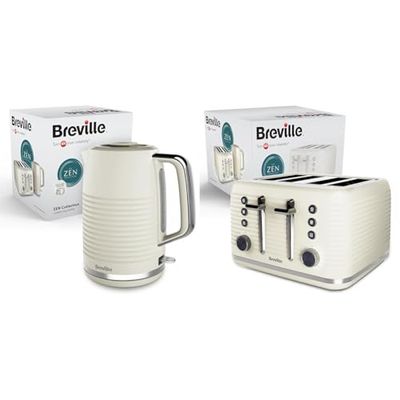Breville Zen Electric Kettle and Zen 4-Slice Toaster | Cream & Silver Chrome [VKT251 + VTR028]