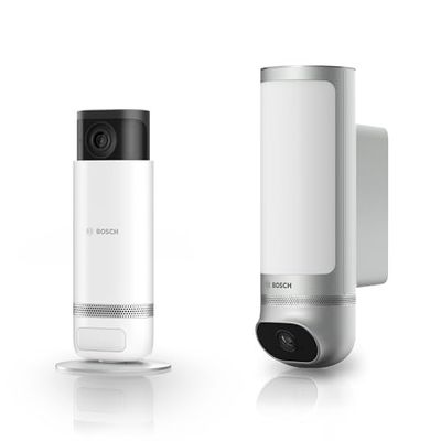 Bosch Juego de cámara de vigilancia Inteligente Smart Home, 1x Cámara Exterior II Plateada, 1x Cámara Interior II, resolución Full HD 1080p con Sirena de Alarma integrada, Compatible con Amazon Alexa