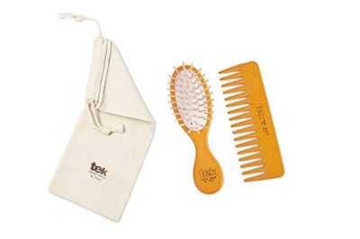 TEK - Kit da Borsetta: Spazzola Ovale Piccola e Pettine Piccolo Rado Arancioni con Custodia in Cotone, Handmade in Italy