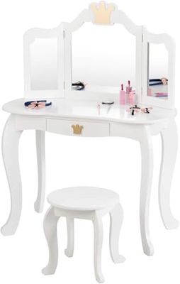 FANTASK Coiffeuse pour Enfant en Bois avec Tabouret Blanc, Table pour Enfant avec tiroir et Miroir Amovible