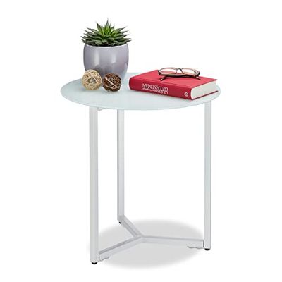 Relaxdays Round Glass and Metal Side Table, Decorative Lounge Stand, H x W x D: 51 x 50 x 50 cm, White