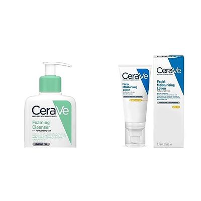 CeraVe Foaming Cleanser for Normal to Oily Skin 473ml with Niacinamide and 3 Essential Ceramides & AM Facial Moisturising Lotion SPF30 with Ceramides for Normal to Dry Skin 52 ml