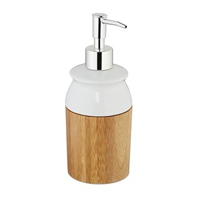 relaxdays Dispensador Jabón Redondo, 225 ml, Dosificador Gel o Champú, 20,5 x 7,5 cm, Bambú y Cerámica, Marrón y Blanco