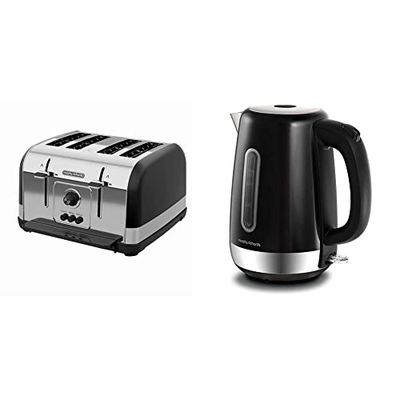 Morphy Richards Venture Black 4 Slice Toaster - Defrost Setting - High Lift Feature - 240131 & Equip Black Jug Kettle - 1.7L - Rapid Boil - Limescale Filter - 102783