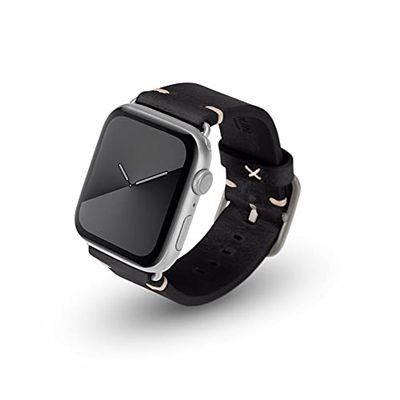 JT Berlin Alex Vintage armband voor Apple Watch 42 mm / 44 mm leren armband [Watch SE, Series 6 / 5 / 4 / 3 / 2 / 1, zacht lederen reserveband, aluminium sluiting] zwart/zilver (maat S/M)