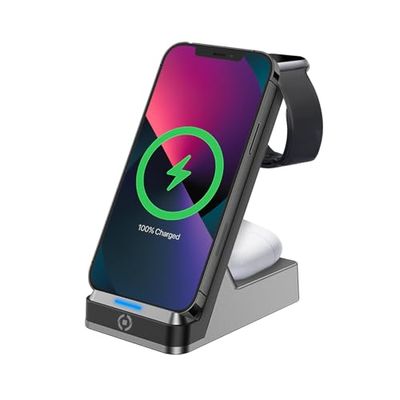 Celly WLSTAND3IN1BK, Supporto Smartphone 3 in 1 con Caricatore Wireless per Telefono, Auricolari e Smartwatch, Caricatore Smartphone Wireless, Ricarica Veloce e Design Moderno