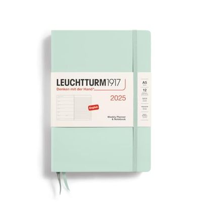 LEUCHTTURM1917 370741 weekkalender & notitieboek 2025, medium A5 hardcover - 12-maanden-planner, gelinieerd - mintgroen, Engels