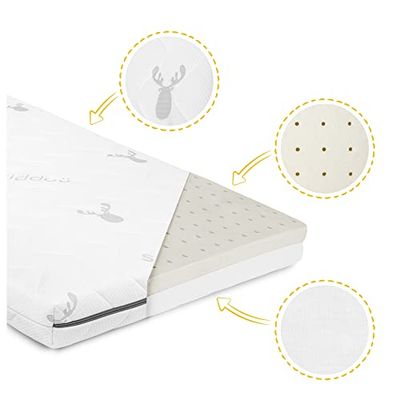 skiddoü bebé Jens, de Espuma de látex, Longitud 120 cm, Ancho 60 cm, Altura 10 cm, colchón para la Cuna con Funda extraíble y Lavable a máquina, Color Blanco, Poliuretano, Kleinkind