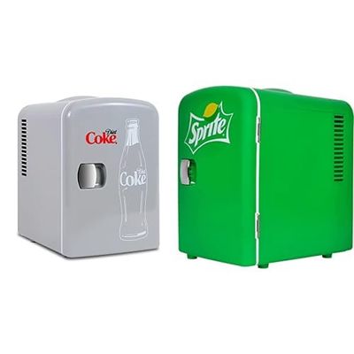 Koolatron Diet Coke Mini Fridge 4L Small Fridge 6 Can Table Top Mini Fridges 12V Portable Cooler Grey + Sprite Mini Fridge 4L 6 Can Quiet Mini Fridges for Skincare Food Drinks Home Car & Travel Green