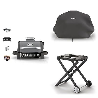 Ninja Woodfire barbecue électrique, grill, fumoir, air fryer, barbecue extérieur, OG701EU + Housse noire, Accessoire officiel Ninja, XSKCOVEREUUK + Chariot de support pliable pour barbecue, Accessoire