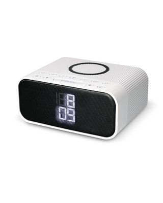 KSIX WUAD Draadloze wekker, draadloze oplader, Bluetooth-luidspreker, FM-radio, 10 W, draadloos, Qi-oplader, digitale wekker, dubbel alarm, glanzend wit