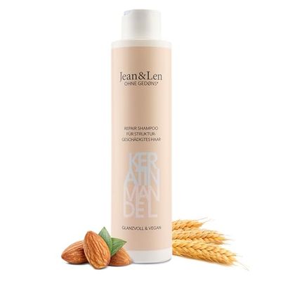 Jean & Len Repair Shampoo Kératine & Amande, pour cheveux abîmés et rebelles, maîtrise les frisottis, pour des cheveux d'apparence plus saine, sans parabènes ni silicones, végétalien, 300 ml