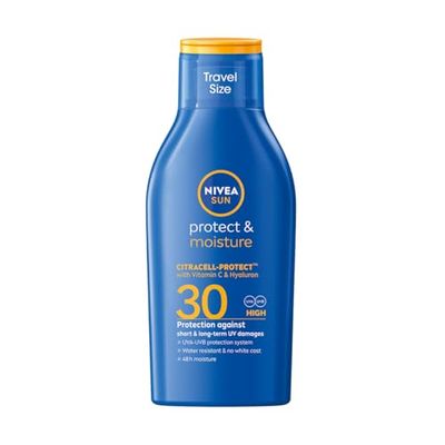 NIVEA SUN skydd & vård solmjölk SPF 30 resestorlek (100 ml), solskyddsmedel för 48h fukt, omedelbart solskydd mot UVA/UVB-strålar