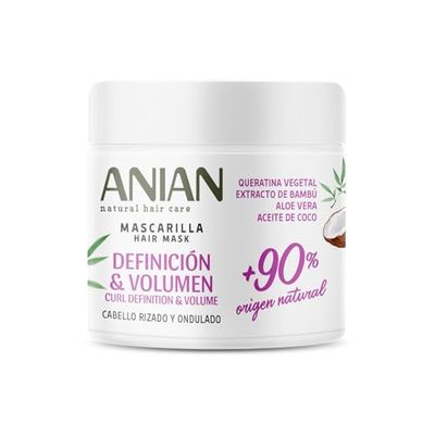 ANIAN - Mascarilla de Pelo Definición y Volumen, 350 ml, para Cabello Rizado y Ondulado, Hidrata el Cabello en Profundidad, Rizos Flexibles y Definidos, con Queratina, Aceite de Coco y Aloe Vera