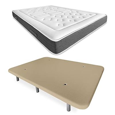 DUÉRMETE ONLINE - Lit Complet avec Matelas Viscoélastique Bio Nature + Base Rembourrée Renforcée Beige avec 6 Pieds Métalliques Filetés 90 x 190