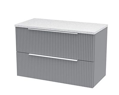 Hudson Reed DFF295LSW Fluted Modern Bathroom Wall Hung 2 Drawer Vanity Unit with Sparkle White Laminate Worktop, 800mm, Satin Grey