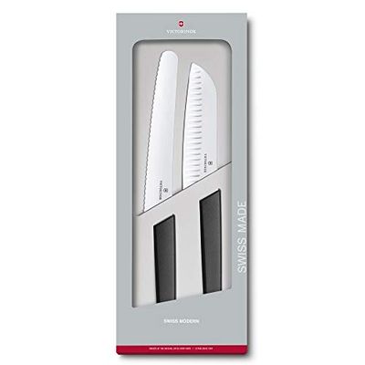 Victorinox, Swiss Modern, Profi Koch-Set, 2-teilig, mit Brotmesser und Santokumesser, Extra Scharfe Klinge, Rostfreier Stahl, Robuster Kunststoffgriff, schwarz