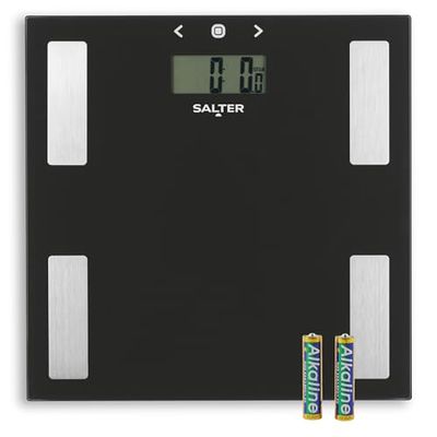 Salter 9150 BK3R glazen weegschaal voor lichaamsanalyse, digitale weegschaal, meetgewicht, BMI, lichaamsvet, lichaamswater, ultradun platform, geheugen voor 8 gebruikers, gemakkelijk af te lezen digitaal display, direct stapsgewijs lezen, zwart