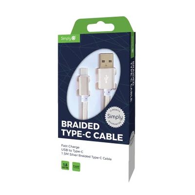 Simply ICTC05 - Cavo di Ricarica Intrecciato da C a USB, Lunghezza 1,5 m, per Samsung, HTC, LG e Altri Smartphone e Playstation 5/XboxOne e Series X, Colore: Argento