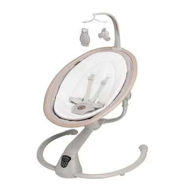 Maxi-Cosi Cassia Elektrische babyswing, 0-6 maanden, max. 9 kg, Babywipstoel, 12 melodieën, 360° draaibaar zitje, automatische bewegingsdetectie, 5 snelheden, 2 ligstanden, Classic Beige
