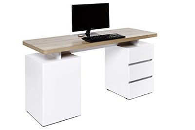 Amazon Brand - Movian Skadar, bureau à 1 porte et 3 tiroirs, 150 x 55 x 75,5 cm, Blanc/Marron Clair, Dessus effet chêne
