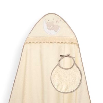 Interbaby - Capa de Baño Bebe Beige + Babero | Toalla Bebe con Capucha 100% Algodón, 100x100cm, Unisex | Suave, Cómoda, Ideal Recién Nacidos, Bebes y Niños Pequeños | Diseño Osito Luna Guipur