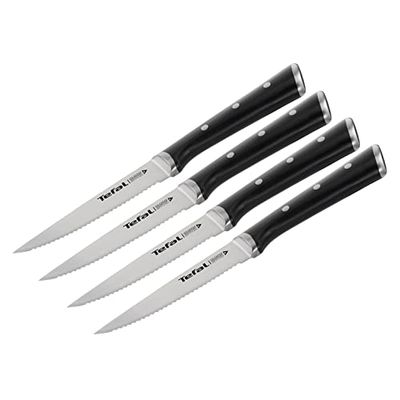 Tefal ice Force Noir Set de 4 couteaux 11 cm, Couteaux de cuisine, Lame en acier inoxydable allemand, Performances de coupe et tranchant durables, Garantie 10 ans K232S414
