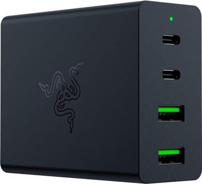 Razer USB-C GaN Charger - Portable Fast Charger (2X USB-C, 2X USB-A with US, EU and UK ports) Black