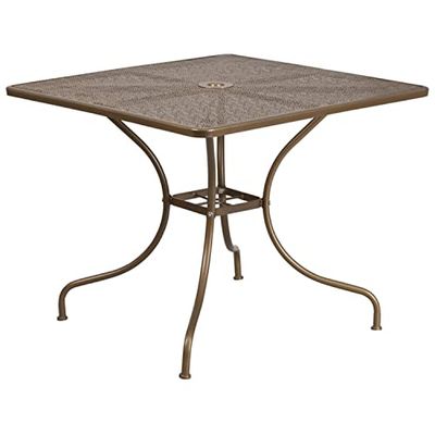 Flash Furniture Oia Table de Patio carrée en Acier de qualité Commerciale pour intérieur et extérieur avec Trou pour Parasol Doré 90,2 cm