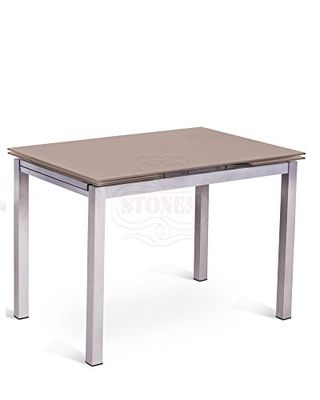 Stone Home Furniture, Mesa Extensible de Cristal Templado con Patas de Metal, Mesa de Comedor hasta 6 plazas Rectangular, Modelo Baud, Color Capuchino, 75 x 110/170 cm H. 75 cm