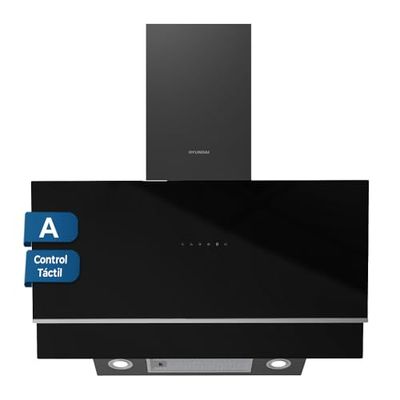 Hyundai Campana Extractora Inclinada 90cm Cristal negro HCPD900AN. Potencia 253m3/h, Tiro Doble, 4 Velocidades, Control Táctil, Filtro apto para Lavavajillas.