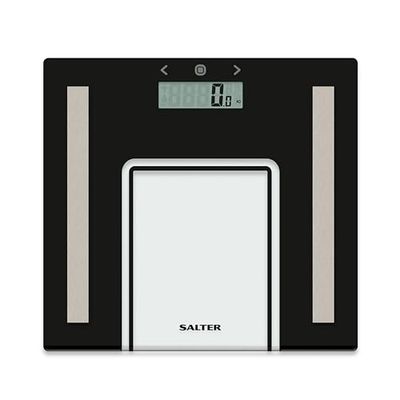 Salter 9128 BK3R Analyser Bathroom Scale – Glass Body Weighing Scales for Weight/Fat/Water, BMI, Digital Display, Slim Design, 8 User Memory, Athlete Mode, 180 kg Capacity, Batteries Included, Black
