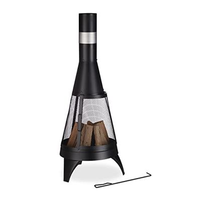 Relaxdays Stufa da Esterno con Parascintille, Attizzatoio e Griglia, HxD: 120 x 47cm, Camino da Giardino e Balcone, Nero, Acciaio