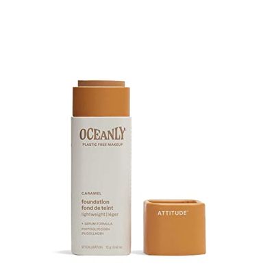 ATTITUDE Oceanly Plastic-Free Light Coverage Foundation Stick, Titanium Dioxide-Free, EWG Verified, Vegan Makeup, Caramel, 12 grams