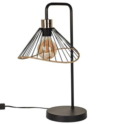 HOME DECO FACTORY, LA0018 Lámpara de Mesa con Pantalla de diseño Elegante y Moderno, Ideal para salón o Dormitorio, atmósfera cálida, tamaño: 30 cm, Color, Metal, Hierro, Negro y ratán