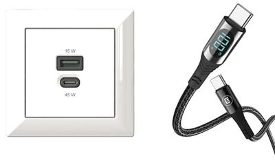 EHMANN 2in1 Bundle Stazione di ricarica USB da incasso, USB-C 45 watt + caricatore USB-A 15 watt e cavo USB C/C, ricarica (100 W) + trasferimento dati (480 Mbps), Lunghezza 3 m, Power Delivery (PD)