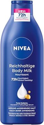 NIVEA Ricco latte per il corpo, crema nutriente intensa con acido ialuronico puro, olio di mandorle e siero per la cura profonda, lozione per la pelle secca (400 ml)