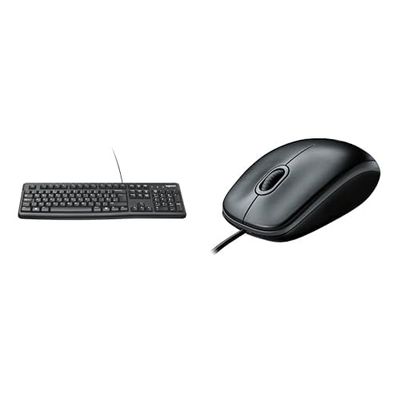 Logitech K120 Wired Keyboard, Windows, USB Plug-and-Play, Full-Size, Spill-Resistant, Curved Space Bar, Compatible with PC, Laptop, QWERTY UK, B100 Wired USB Mouse, 3-Buttons, Optical Tracking- Black