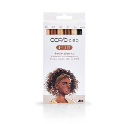 Copic Ciao 5+1 Set « Portrait Colours 2 », 5 Twin Marker avec une pointe moyenne et une pointe Brush, incl. Multiliner Black 0,3 mm