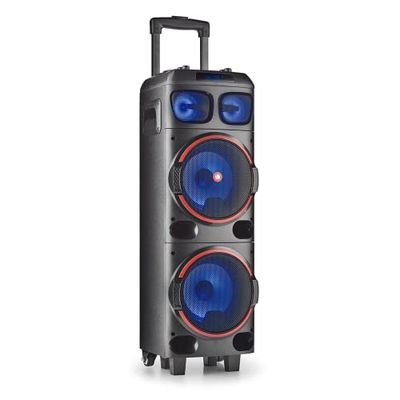 NGS Wild Dub 1 - Haut-Parleur Portable 300W Compatible avec la Technologie Stéréo Bluetooth et True Wireless, Double Subwoofer 8"" + Double Tweeter 3"" (Micro SD/USB/AUX in/), Roues, Couleur Noir