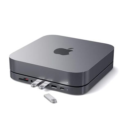 SATECHI USB-C Hub - Type-C aluminium standaard en hub -datapoort, micro-/SD-kaartlezers, USB 3.0 en hoofdtelefoonaansluiting - voor Mac Studio, Mac Mini M2/M1 (niet voor M4)