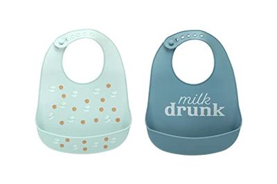 Pearhead Silicone Bib Set of 2, One Milk Drunk Baby Bib, One Light Blue Milk and Cookies Bib, Gender-Neutral Baby Feeding Accessory for New Parents and Expecting Parents, 2 Bibs