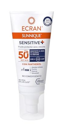 Ecran Sunnique Sensitive - Fluido protettivo viso per viso e scollatura FPS +50 | Formula con pantenolo, impermeabile, senza profumo e alcool per pelli sensibili, 50 ml