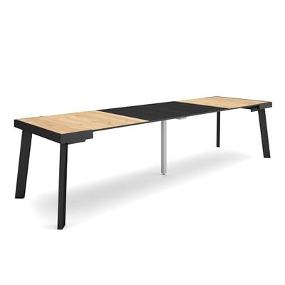 Skraut Home | Table Console Extensible | Console Meuble | 300 | pour 14 Personnes | Pieds en Bois | Style Moderne | Chêne et Noir